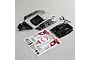 Losi 1/10 scale Tenacity DB Pro Fox Racing body set including painted body panels, interior cockpit, and a decal sheet on a grey background.