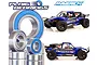 Plaig RC bearing kit for Maverick Strada V2, featuring various metal ball bearings with blue seals alongside images of the blue Maverick Strada DT RC car.