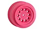 A single bright pink RPM Revolver 2.2-inch RC short course wheel rim shown from a three-quarter angle against a white background.