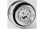 A single RPM Revolver chrome-plated RC short course wheel rim shown at an angle against a white background.