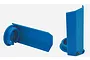 Two blue RPM shock shaft guards for Traxxas X-Maxx RC cars, shown from different angles against a plain background.
