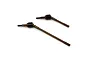Two brown metal RC front driveshafts with black universal joints on a white background.