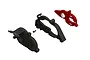 ARRMA motor mount set including a red anodized aluminium plate, black plastic housing components, and a small mounting screw.