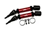 Two GPM Racing red aluminium and black steel CVD drive shafts with included hardware on a white background.