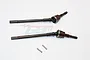 Two black hardened steel CVD drive shafts with spring steel cup joints and two small metal pins on a white background.