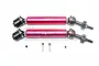 Two red and black GPM Racing CVD drive shafts with wheel hexes and small hardware components on a white background.