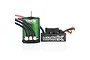 Castle Creations 1406 brushless motor with green casing and Mamba X electronic speed controller on a white background.