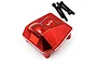 A red anodized aluminium differential cover for an RC crawler with four black mounting screws on a white background.