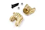 A pair of Yeah Racing brass front C-hubs for 1/10 RC crawlers, including two black screws and two silver lock nuts on a white background.