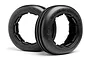 Two black HPI Racing Double Blade RC tyres for Baja 5T/5SC, shown from a front-angle perspective against a white background.