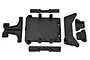 A set of black plastic RPM RC ESC cage components for the 1/5 X-Maxx, laid out on a white background.