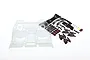 Clear plastic interior shell for Traxxas UDR RC truck with a sheet of black and red decal stickers on a white background.