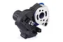A complete transmission assembly for a Traxxas 1/16 E-Revo RC car, featuring a black plastic housing, silver motor mount plate, and exposed gear.