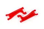 Two bright red Traxxas 1/10 Maxx wide upper suspension arms isolated on a white background.