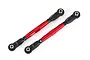 Two red anodized aluminium Traxxas turnbuckles with black plastic rod ends on a white background.
