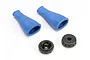 Two blue rubber shock dust boots and two black plastic shock caps on a white background.