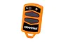 An orange Traxxas wireless winch remote control with two black buttons and a channel button on a white background.