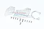GPM Racing silver aluminium motor mount set including three main metal components and a collection of small mounting screws on a white background.