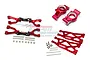 A set of red anodized aluminium RC suspension arms, rear hubs, and associated hardware from GPM Racing.