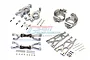 A collection of grey aluminium suspension and drive train upgrade parts for an RC car, including arms, knuckles, and hardware, laid out on a white background.