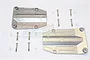 Two grey aluminium centre skid plates for an RC car, accompanied by eight screws and eight small white plastic spacers on a white background.