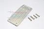 A silver aluminium front skid plate for an RC car by GPM Racing, shown with four matching mounting screws on a white background.
