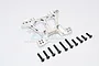 GPM Racing silver aluminium front shock tower for RC cars with a set of black mounting screws on a white background.
