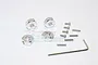 A set of four silver aluminium 12mm wheel hex adapters with 6mm extension, including axle pins, screws, and an L-wrench on a white background.