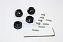 Four black aluminium 12mm wheel hex adapters with +6mm offset, including four axle pins, four small screws, and an L-shaped hex key on a white background.