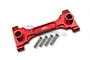 A red anodized aluminium rear chassis brace for an RC car by GPM Racing, shown with four included mounting screws on a white background.