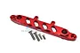A red anodized aluminium front chassis brace for an RC car, shown with four included mounting screws on a white background.
