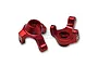 A pair of red anodized aluminium front steering hubs for an RC car, marked with L and R for left and right sides.