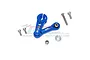 A blue anodized aluminium 25T servo horn and tie rod assembly with included metal screws and hardware on a white background.