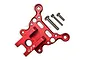 A red anodized aluminium front suspension link brace by GPM Racing, shown with three included mounting screws on a white background.