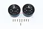 Two black 7-spoke aluminium beadlock rims for RC crawlers with a set of small mounting screws, set against a white background.