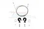 GPM Racing black aluminium towing hooks with a steel wire cable, mounting screws, nuts, and split rings on a white background.