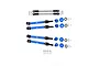 GPM Racing blue aluminium and steel drive train upgrade set including drive shafts, wheel hexes, and steering tie rods for RC cars.