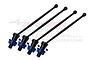 Four black hardened steel CVD drive shafts with blue aluminium wheel hexes and small grub screws, arranged diagonally on a white background.