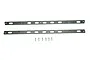 Two black metal door edge strips with slotted holes and six small silver screws arranged on a white background.