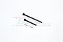 Two black hardened steel CVD drive shafts and two small metal pins for RC cars on a white background.