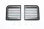 Two black aluminium headlight brush guards with horizontal slats and GPM branding, accompanied by four small white O-rings on a white background.