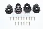 A set of four black aluminium rear portal drive housings for an RC car, accompanied by a collection of silver mounting screws on a white background.