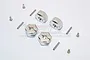 Four silver aluminium wheel hex adapters with matching pins and screws on a white background.