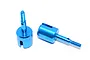 Two bright blue anodized aluminium RC wheel axles with threaded shafts and slotted drive cups, isolated on a white background.