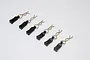 Six black RC body clips with easy-pull plastic tabs arranged in a diagonal line on a white background.