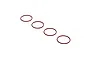 Four small red rubber O-rings arranged in a diagonal line against a plain white background.