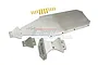 GPM Racing stainless steel chassis skid plate set for RC cars, including main plate, smaller plates, and gold-colored mounting screws on a white background.