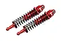 Two red GPM Racing aluminium RC shock absorbers with black springs on a white background.