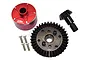 GPM Racing carbon steel 37T ring gear, 13T pinion gear, and red aluminium differential case with four mounting screws.