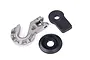A steel winch hook with a black rubber stopper and a black plastic fairlead component for RC crawler vehicles.